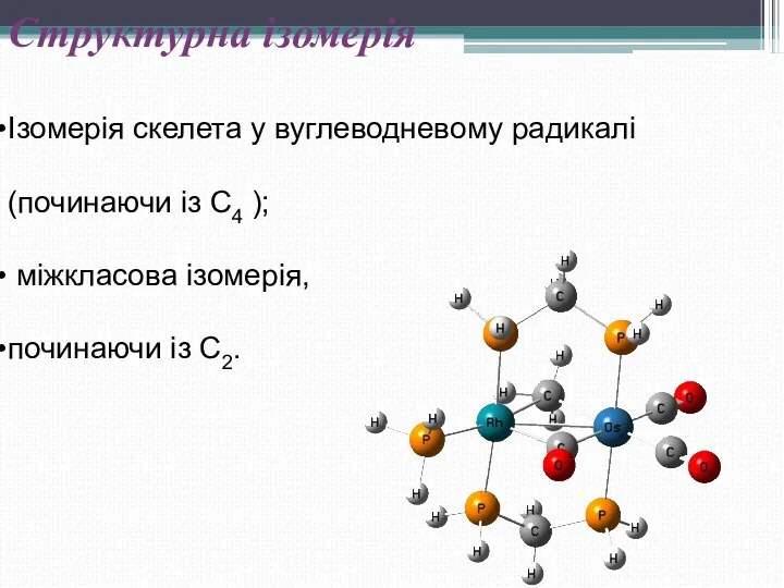 Структурна ізомерія Ізомерія скелета у вуглеводневому радикалі (починаючи із C4 ); міжкласова ізомерія, починаючи із C2.