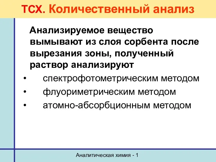 Аналитическая химия - 1 ТСХ. Количественный анализ Анализируемое вещество вымывают из