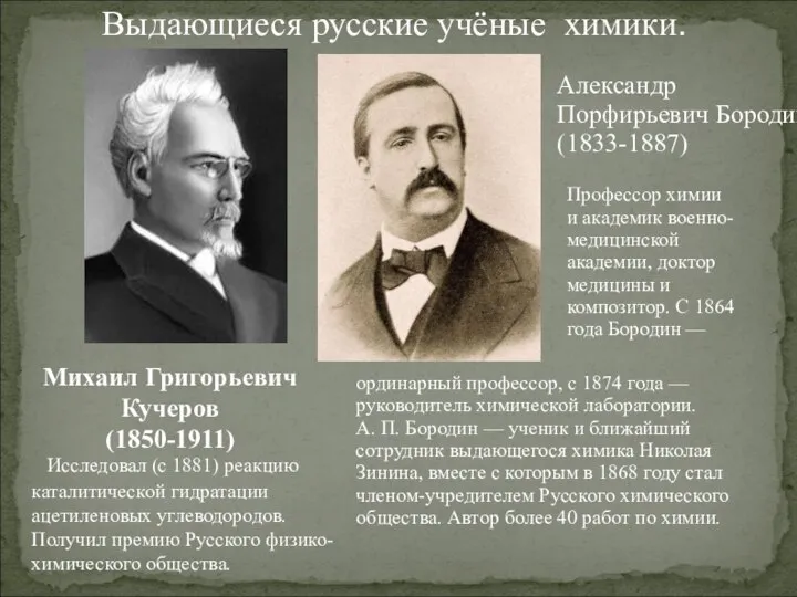 Михаил Григорьевич Кучеров (1850-1911) Исследовал (с 1881) реакцию каталитической гидратации ацетиленовых