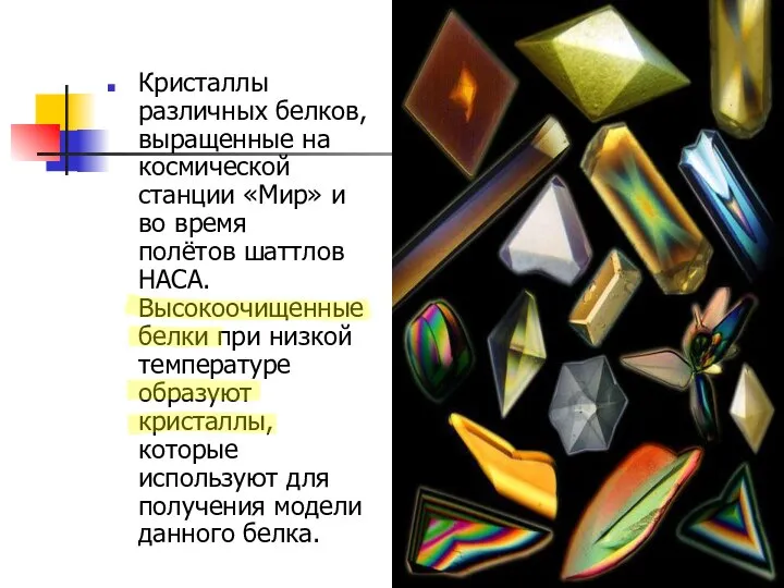 Кристаллы различных белков, выращенные на космической станции «Мир» и во время