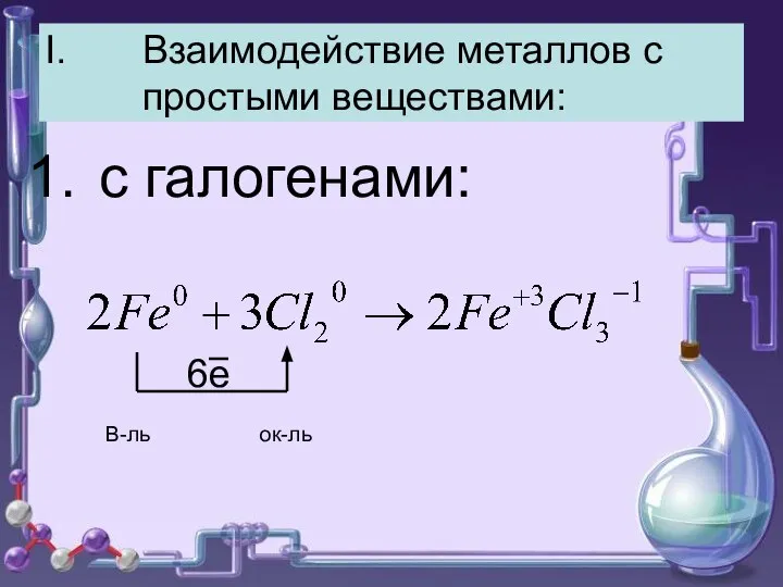 Взаимодействие металлов с простыми веществами: с галогенами: В-ль ок-ль