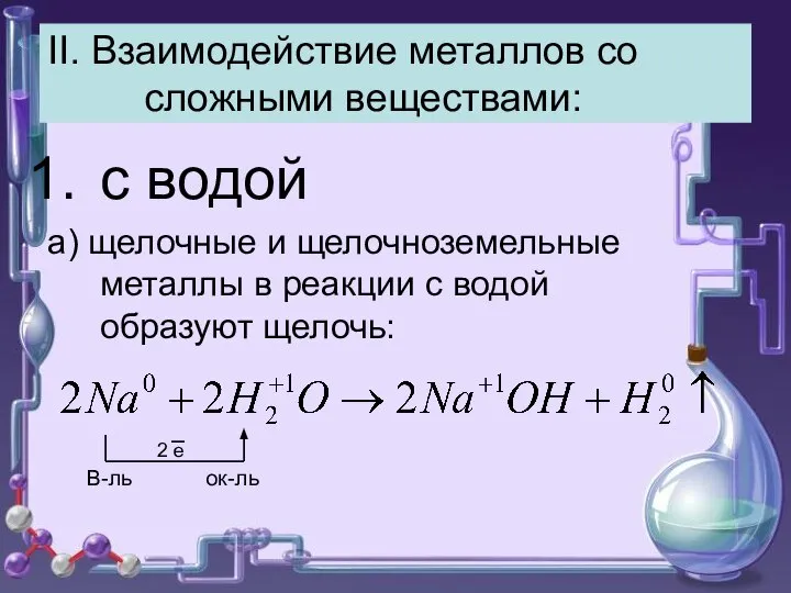 II. Взаимодействие металлов со сложными веществами: с водой а) щелочные и