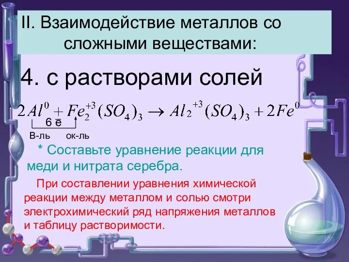 II. Взаимодействие металлов со сложными веществами: 4. с растворами солей 6