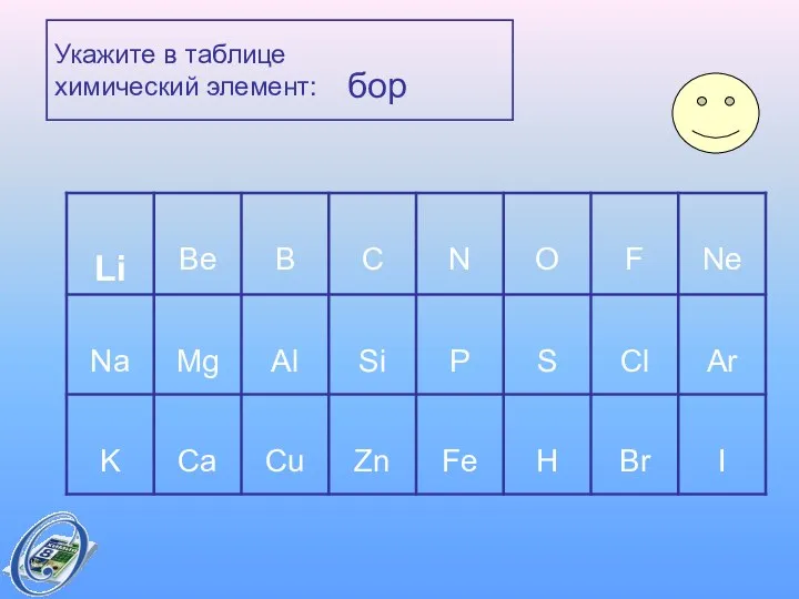 Укажите в таблице химический элемент: бор