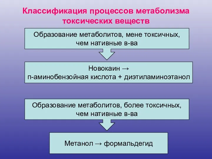 Классификация процессов метаболизма токсических веществ Новокаин → п-аминобензойная кислота + диэтиламиноэтанол