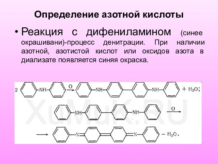 Определение азотной кислоты Реакция с дифениламином (синее окрашивани)-процесс денитрации. При наличии