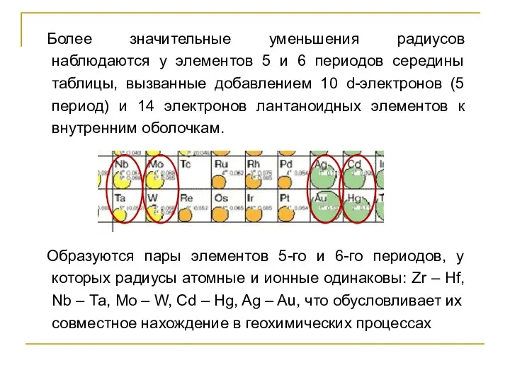 Более значительные уменьшения радиусов наблюдаются у элементов 5 и 6 периодов