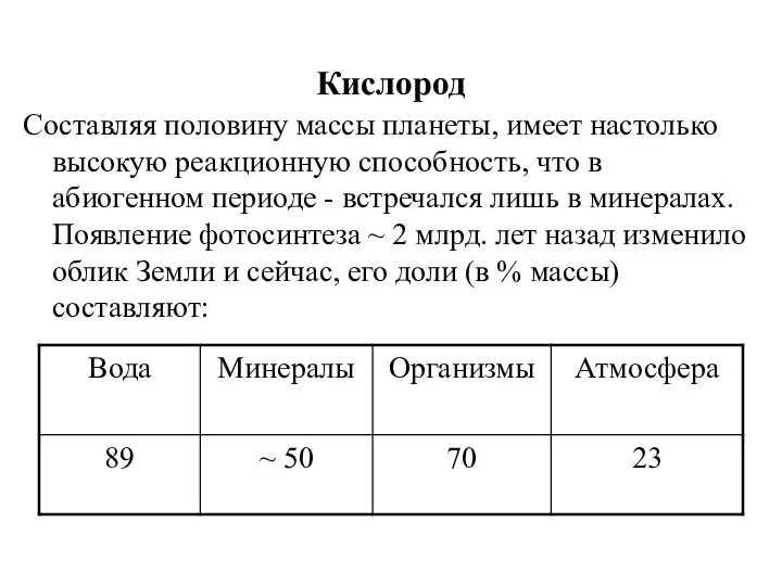 Кислород Составляя половину массы планеты, имеет настолько высокую реакционную способность, что