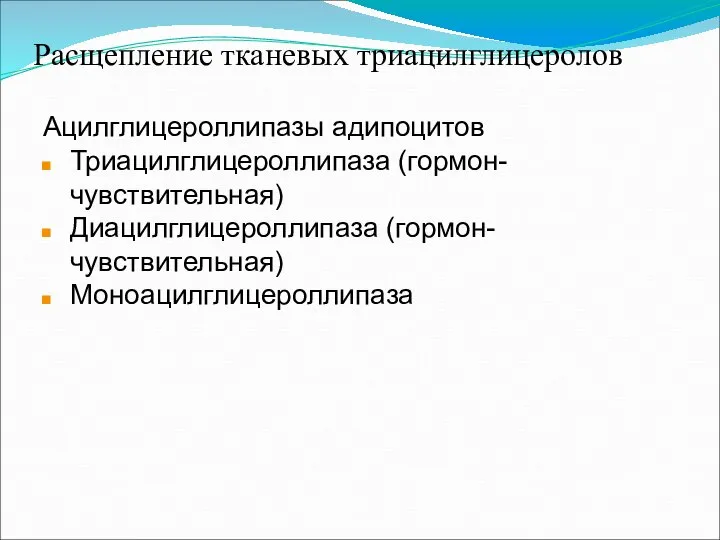 Расщепление тканевых триацилглицеролов Ацилглицероллипазы адипоцитов Триацилглицероллипаза (гормон-чувствительная) Диацилглицероллипаза (гормон-чувствительная) Моноацилглицероллипаза