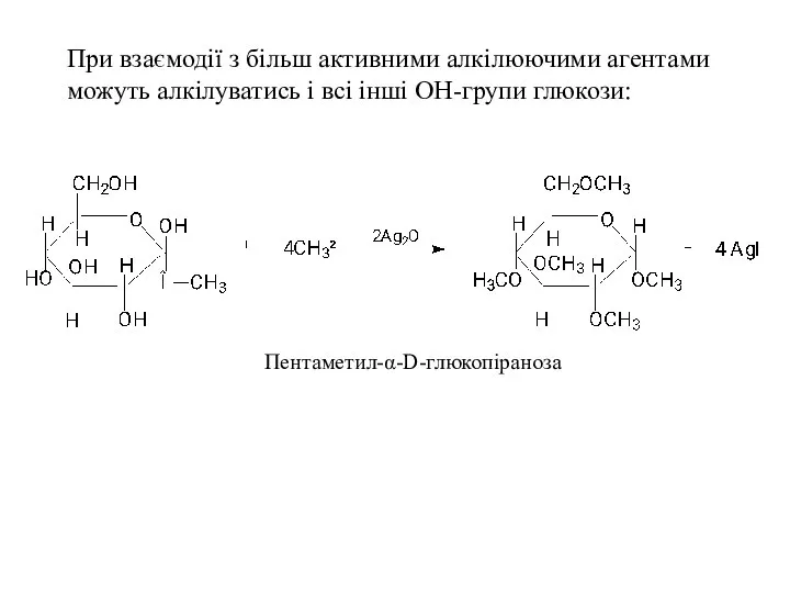 При взаємодії з більш активними алкілюючими агентами можуть алкілуватись і всі інші ОН-групи глюкози: Пентаметил-α-D-глюкопіраноза