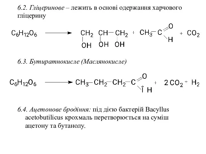 6.2. Гліцеринове – лежить в основі одержання харчового гліцерину 6.3. Бутиратнокисле