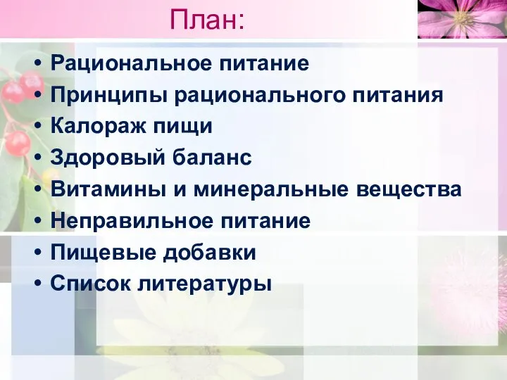 План: Рациональное питание Принципы рационального питания Калораж пищи Здоровый баланс Витамины