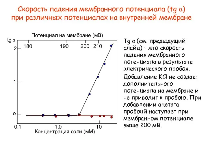 o 1 2 tg α 180 190 200 210 Потенциал на