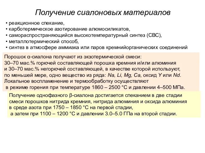 Получение сиалоновых материалов реакционное спекание, карботермическое азотирование алюмосиликатов, самораспространяющийся высокотемпературный синтез