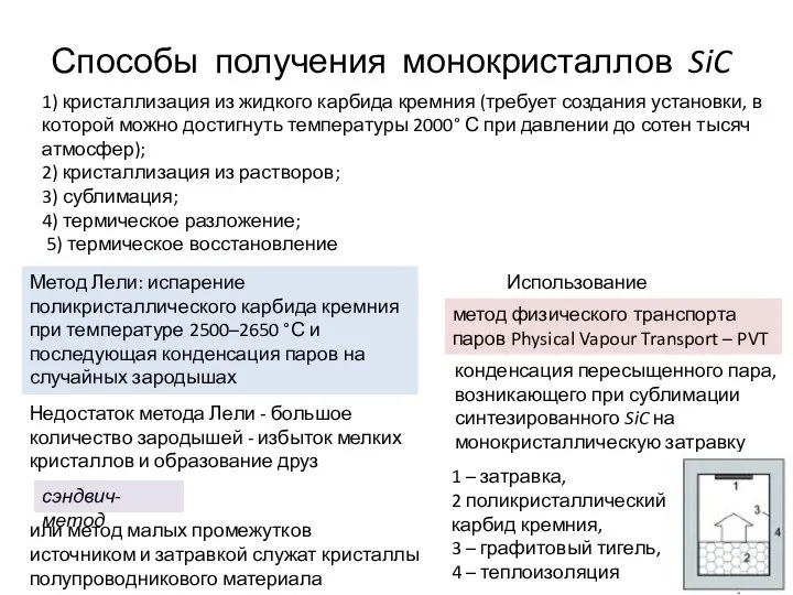 Способы получения монокристаллов SiC 1) кристаллизация из жидкого карбида кремния (требует