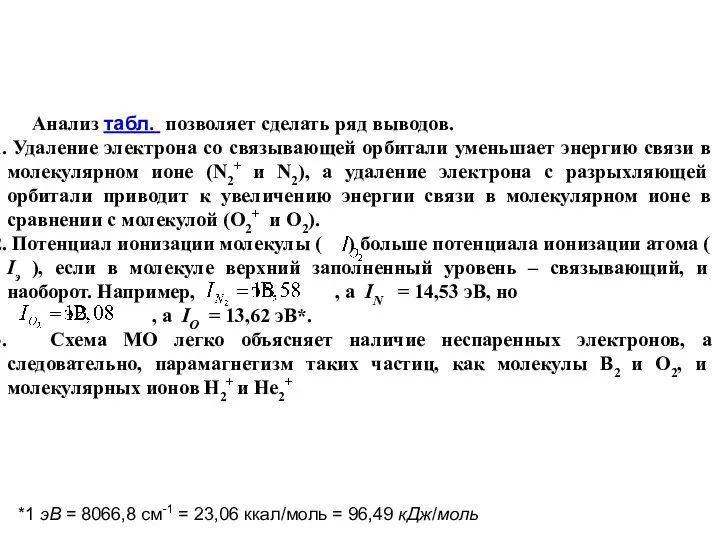 Анализ табл. позволяет сделать ряд выводов. Удаление электрона со связывающей орбитали