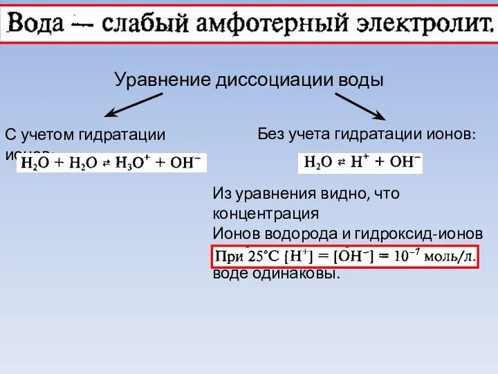 Уравнение диссоциации воды С учетом гидратации ионов: Без учета гидратации ионов: