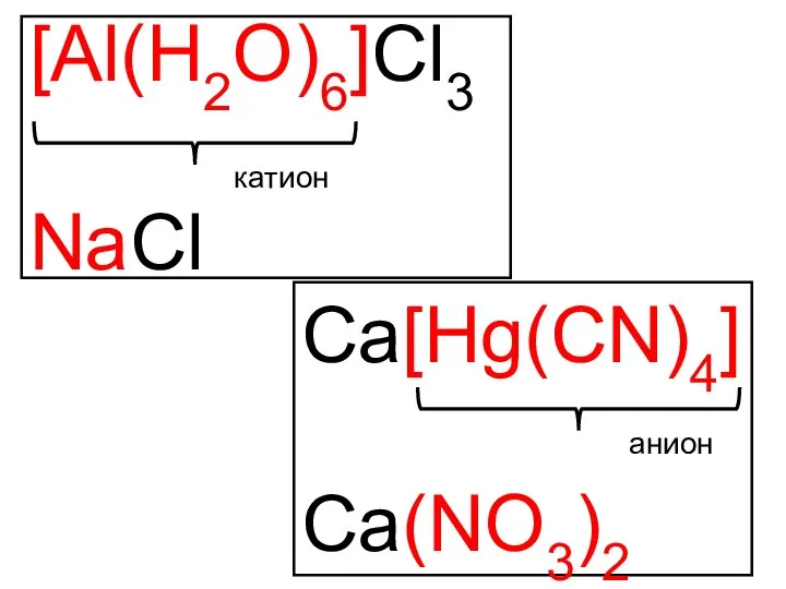[Al(H2O)6]Cl3 NaCl Ca[Hg(CN)4] Ca(NO3)2 катион анион