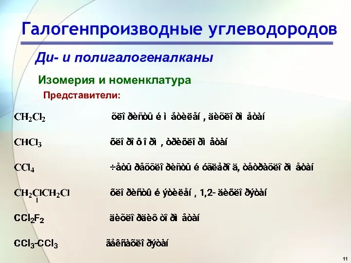 Галогенпроизводные углеводородов Ди- и полигалогеналканы Изомерия и номенклатура Представители: