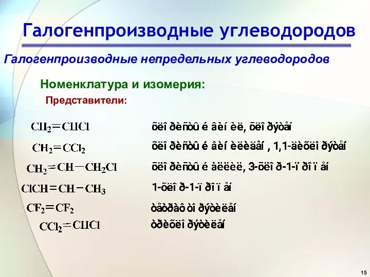 Галогенпроизводные углеводородов Галогенпроизводные непредельных углеводородов Номенклатура и изомерия: Представители: