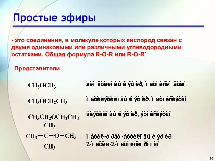 Простые эфиры Представители - это соединения, в молекуле которых кислород связан