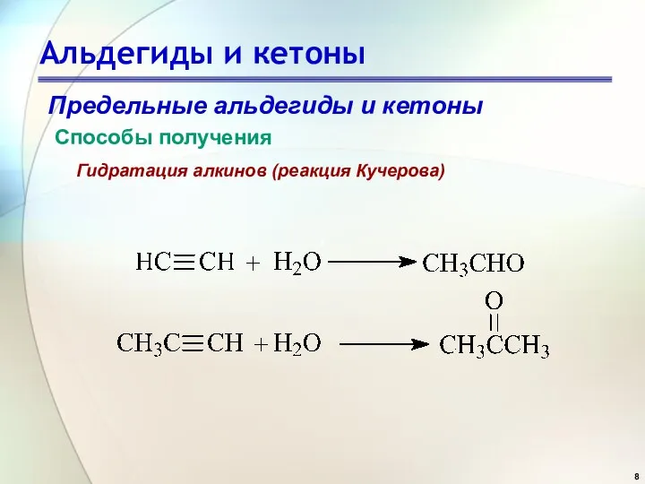 Альдегиды и кетоны Предельные альдегиды и кетоны Способы получения Гидратация алкинов (реакция Кучерова)