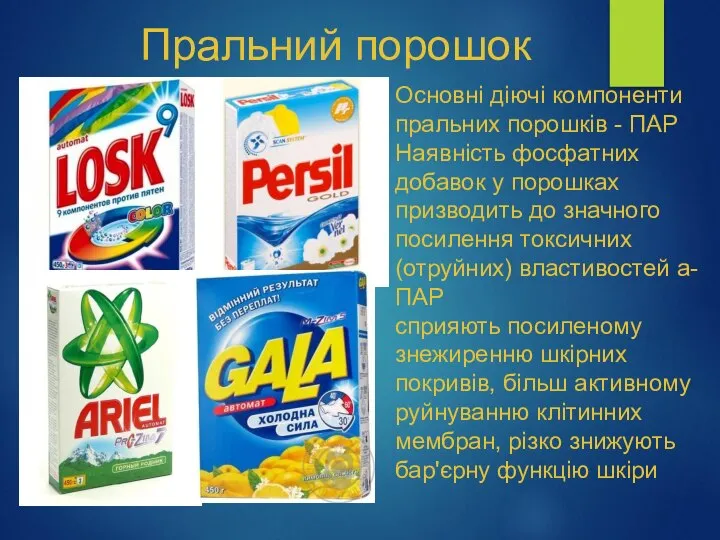 Пральний порошок Основні діючі компоненти пральних порошків - ПАР Наявність фосфатних