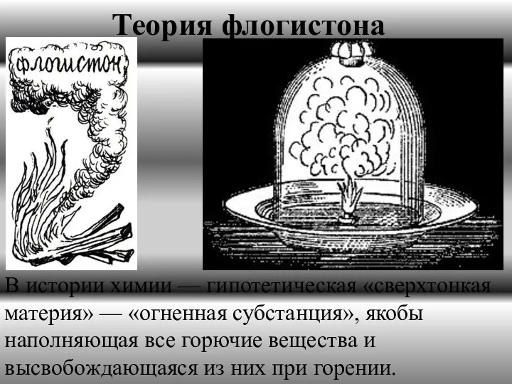 Теория флогистона В истории химии — гипотетическая «сверхтонкая материя» — «огненная