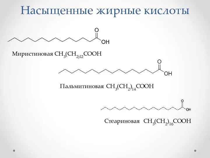 Насыщенные жирные кислоты Пальмитиновая CH3(CH2)14COOH Стеариновая CH3(CH2)16COOH Миристиновая СH3(CН2)12COOH