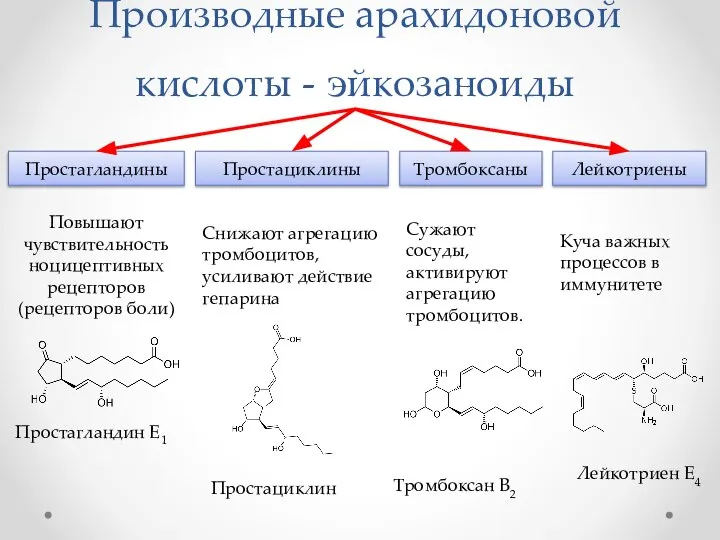 Производные арахидоновой кислоты - эйкозаноиды Простагландины Простациклины Тромбоксаны Лейкотриены Повышают чувствительность