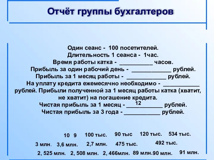 Отчёт группы бухгалтеров Один сеанс - 100 посетителей. Длительность 1 сеанса