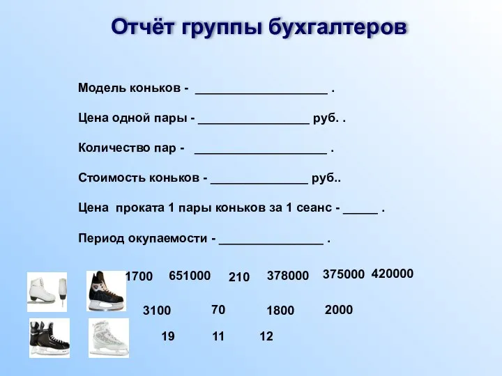 Отчёт группы бухгалтеров Модель коньков - ___________________ . Цена одной пары