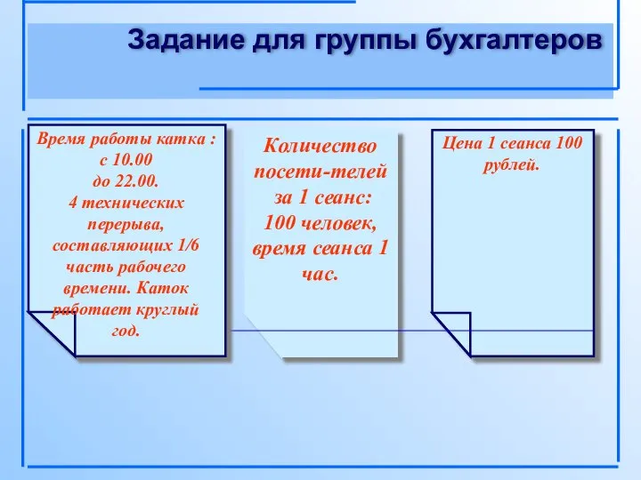 Задание для группы бухгалтеров Количество посети-телей за 1 сеанс: 100 человек,