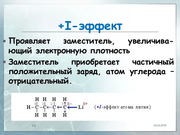 +I-эффект Проявляет заместитель, увеличива-ющий электронную плотность Заместитель приобретает частичный положительный заряд, атом углерода – отрицательный. 04.03.2016