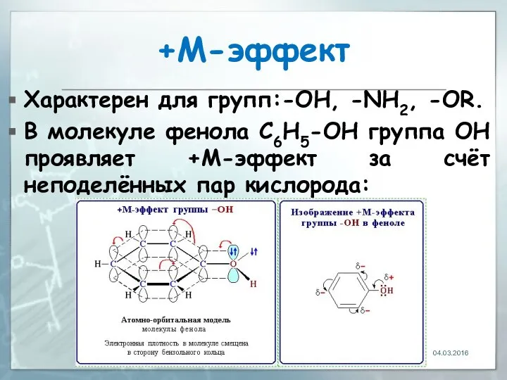 +М-эффект Характерен для групп:-OH, -NH2, -OR. В молекуле фенола C6H5-OH группа