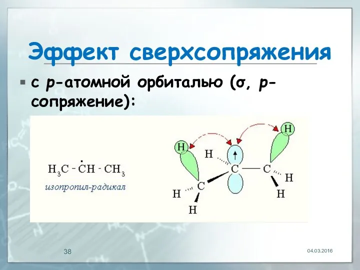 Эффект сверхсопряжения с р-атомной орбиталью (σ, р-сопряжение): 04.03.2016