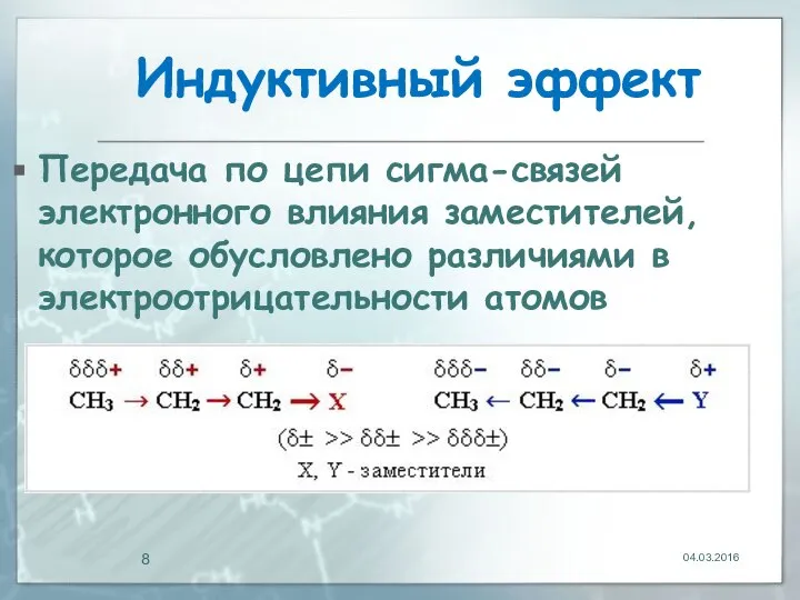 Индуктивный эффект Передача по цепи сигма-связей электронного влияния заместителей, которое обусловлено различиями в электроотрицательности атомов 04.03.2016