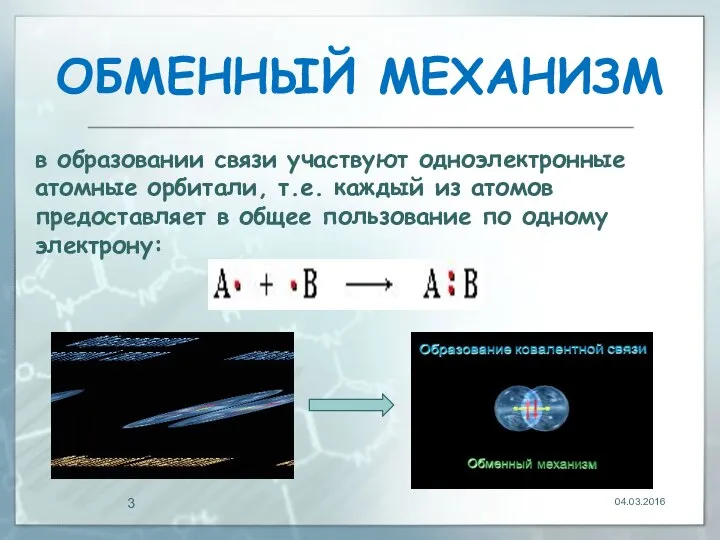 ОБМЕННЫЙ МЕХАНИЗМ 04.03.2016 в образовании связи участвуют одноэлектронные атомные орбитали, т.е.