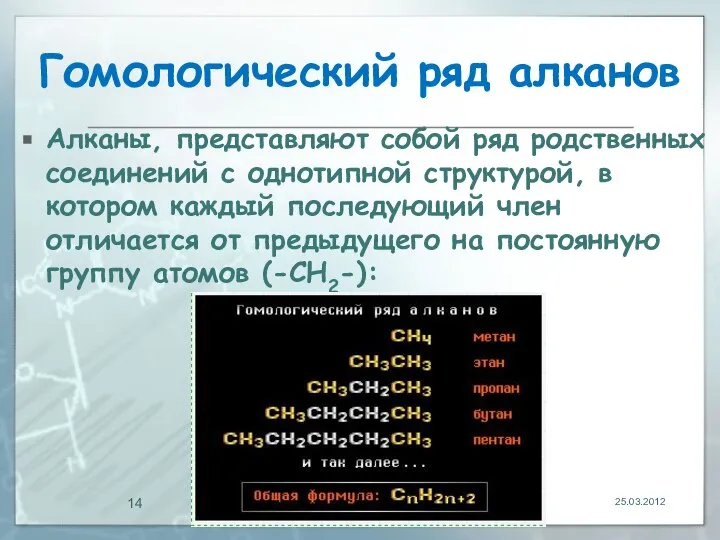 Гомологический ряд алканов Алканы, представляют собой ряд родственных соединений с однотипной