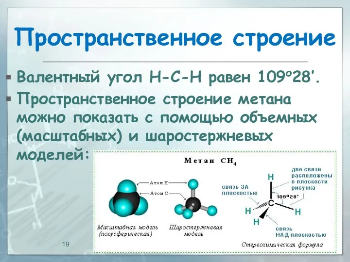 Пространственное строение Валентный угол Н-С-Н равен 109о28’. Пространственное строение метана можно