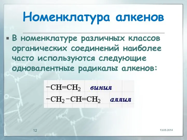 Номенклатура алкенов В номенклатуре различных классов органических соединений наиболее часто используются следующие одновалентные радикалы алкенов: 13.05.2014