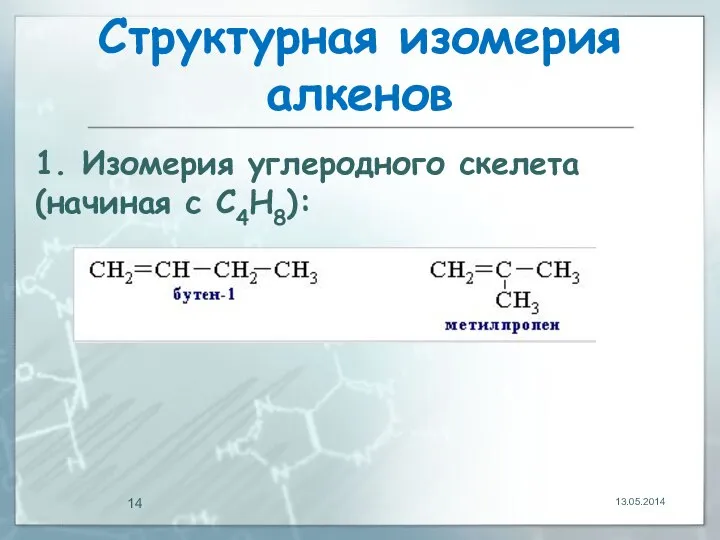 Структурная изомерия алкенов 13.05.2014 1. Изомерия углеродного скелета (начиная с С4Н8):