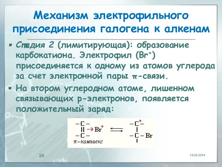 Механизм электрофильного присоединения галогена к алкенам Стадия 2 (лимитирующая): образование карбокатиона.