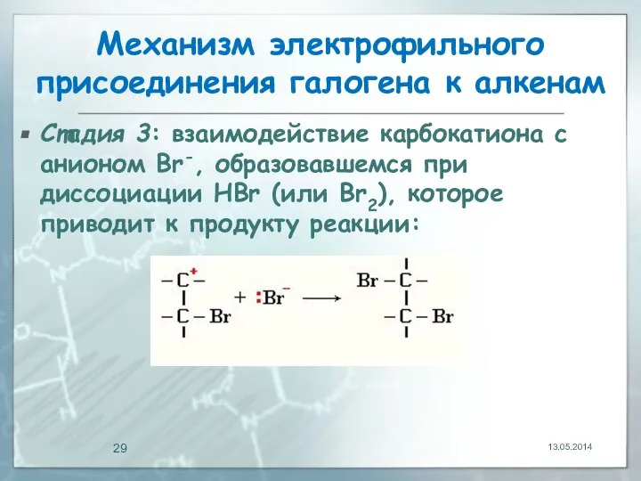 Механизм электрофильного присоединения галогена к алкенам Стадия 3: взаимодействие карбокатиона с