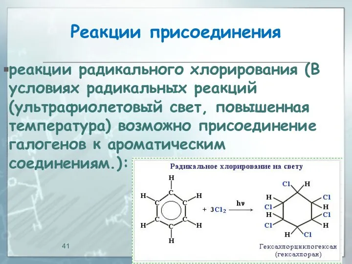 Реакции присоединения реакции радикального хлорирования (В условиях радикальных реакций (ультрафиолетовый свет,