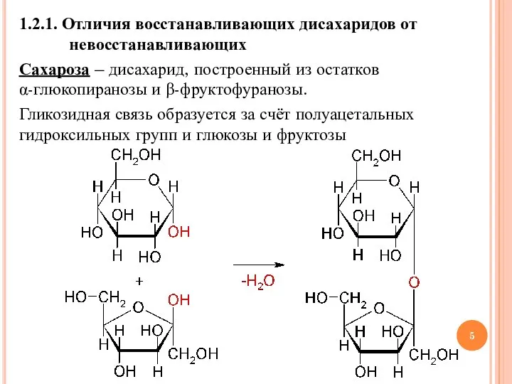 1.2.1. Отличия восстанавливающих дисахаридов от невосстанавливающих Сахароза – дисахарид, построенный из