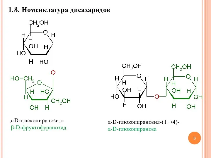 1.3. Номенклатура дисахаридов α-D-глюкопиранозил- β-D-фруктофуранозид α-D-глюкопиранозил-(1→4)- α-D-глюкопираноза