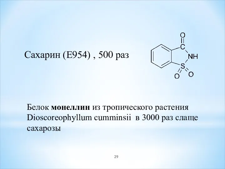 Сахарин (E954) , 500 раз Белок монеллин из тропического растения Dioscoreophyllum