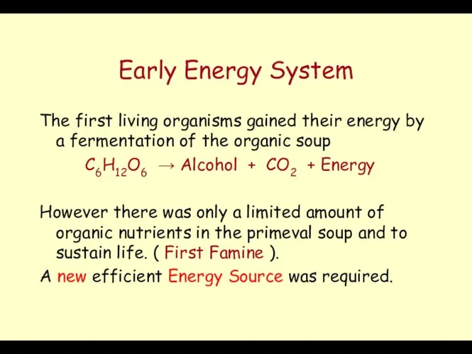 Early Energy System The first living organisms gained their energy by