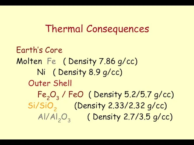 Thermal Consequences Earth’s Core Molten Fe ( Density 7.86 g/cc) Ni